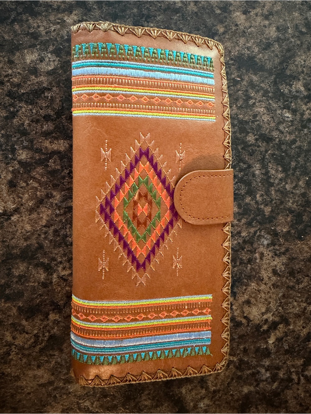 Lavishy Embroidered vegan leather Wallet with Multicolor Diamond Motif - brown